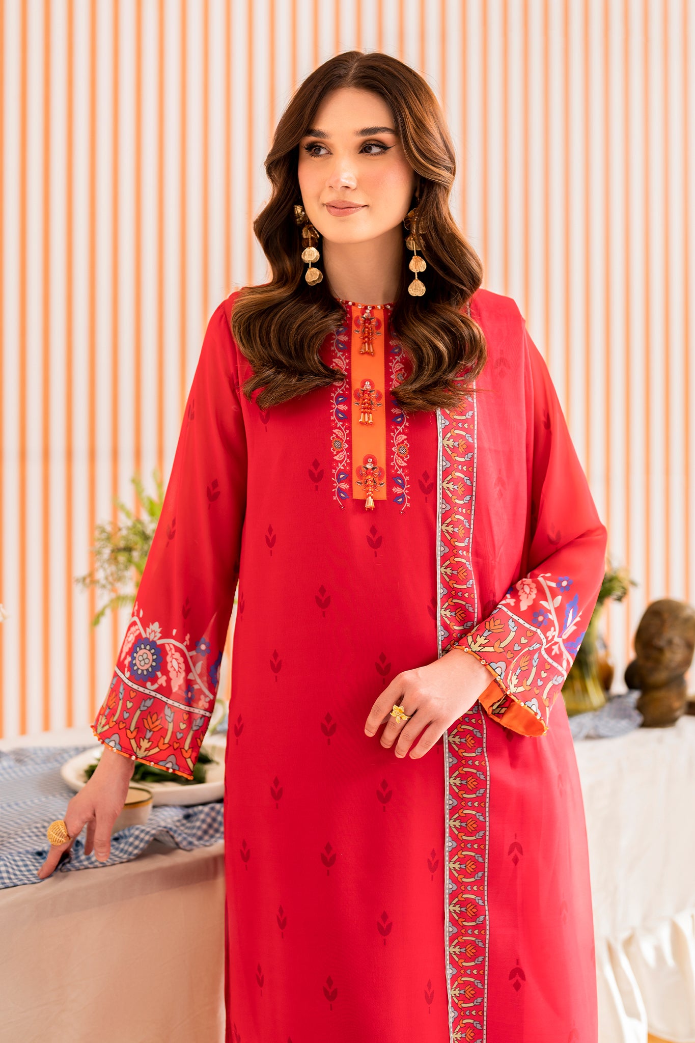 FARIBA - 3 piece printed georgette in CERISE RED