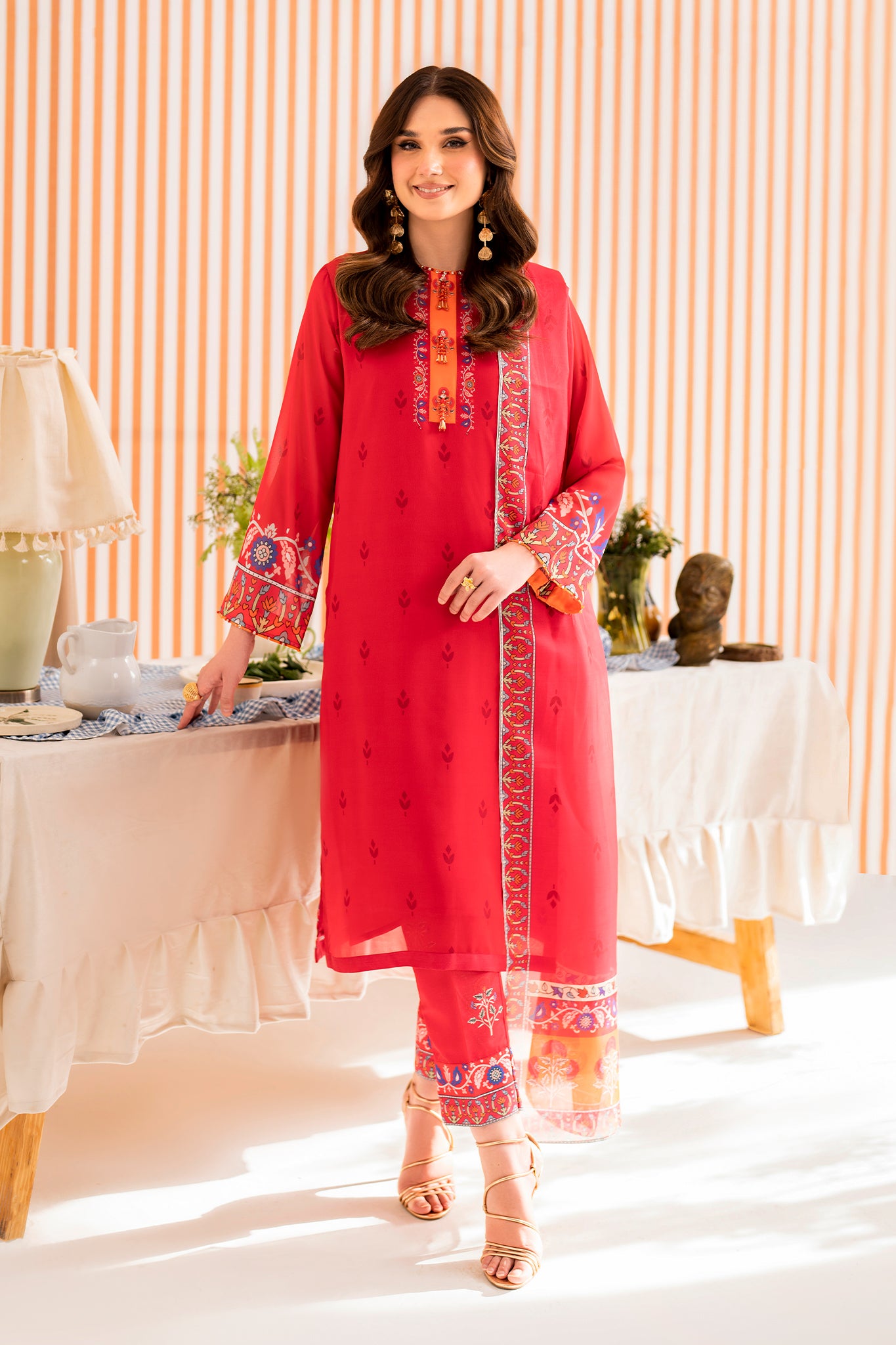 FARIBA - 3 piece printed georgette in CERISE RED