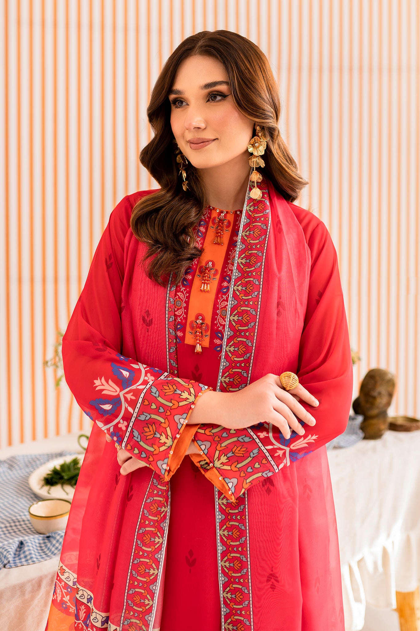 FARIBA - 3 piece printed georgette in CERISE RED