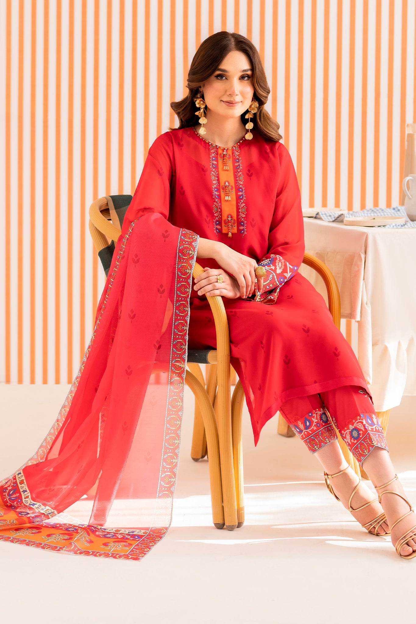 FARIBA - 3 piece printed georgette in CERISE RED