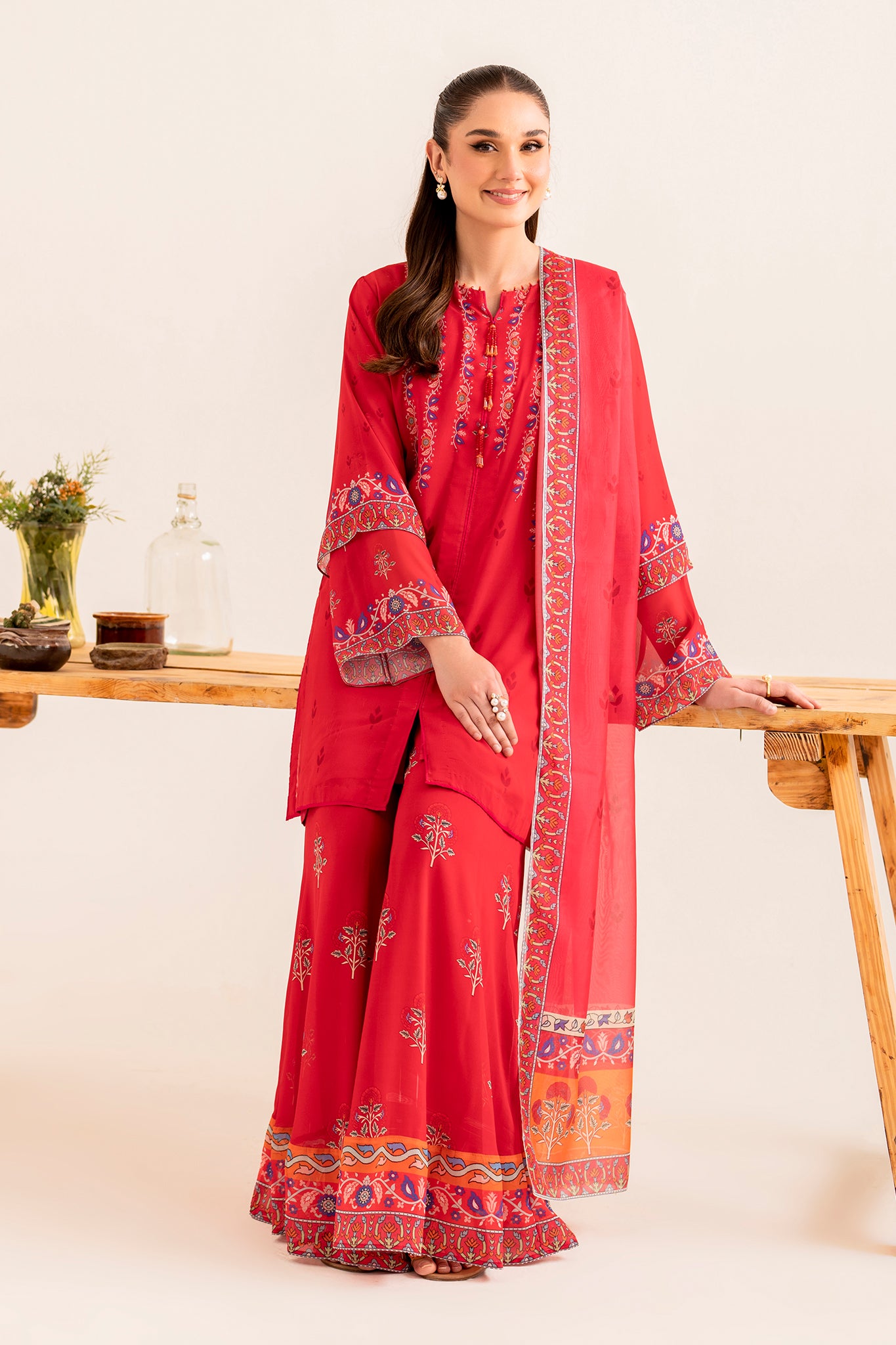 SHIRIN- 3 piece printed georgette in CERISE RED