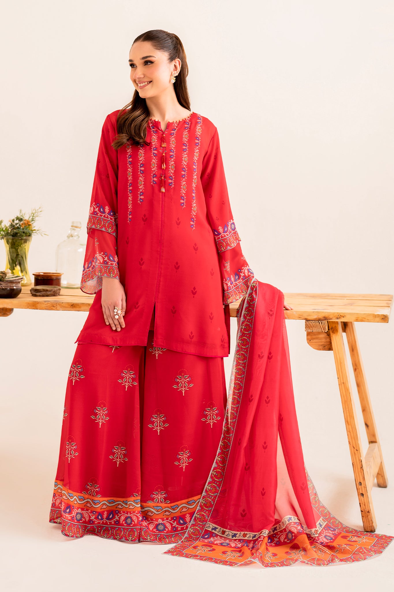 SHIRIN- 3 piece printed georgette in CERISE RED