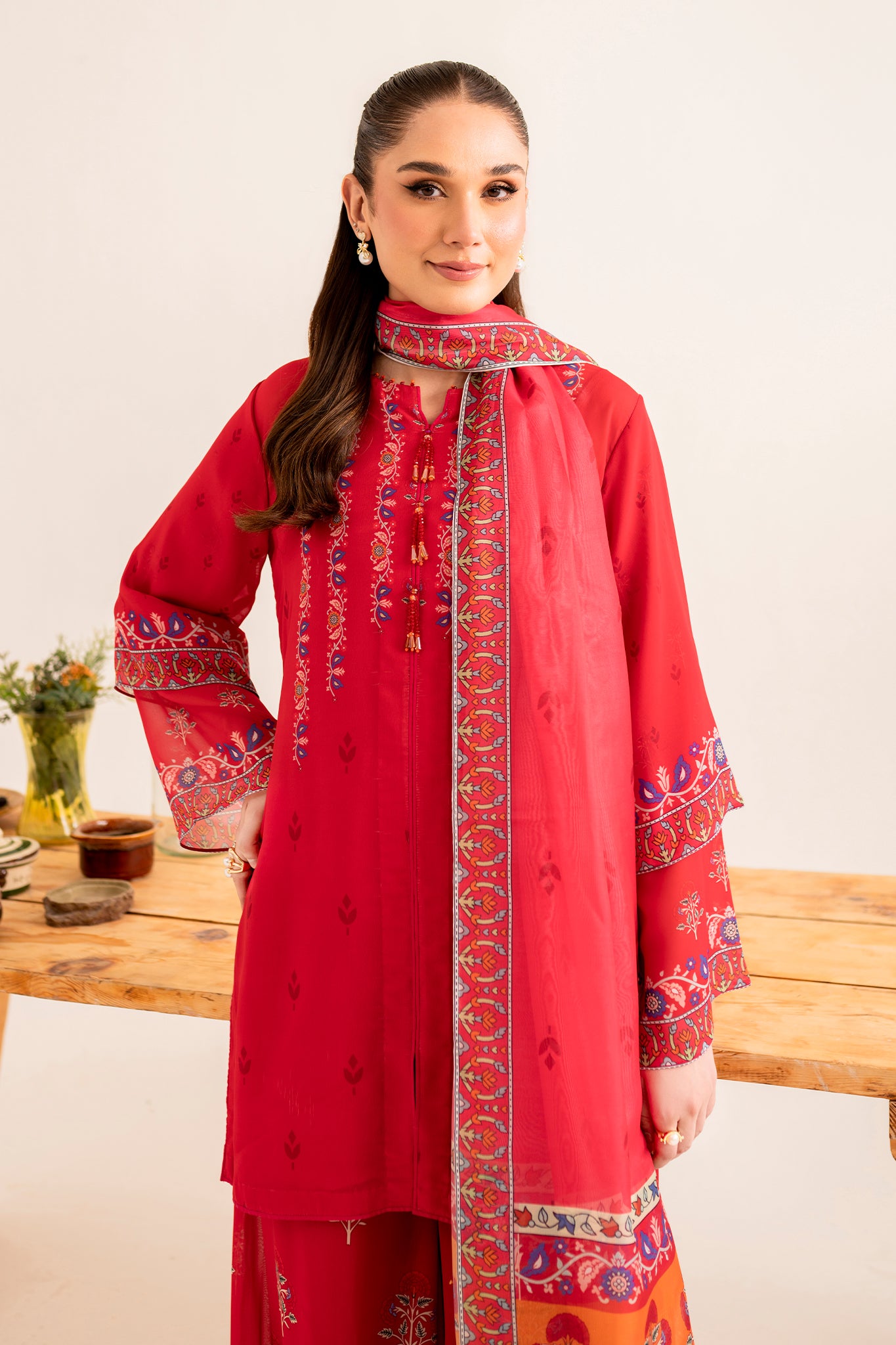 SHIRIN- 3 piece printed georgette in CERISE RED