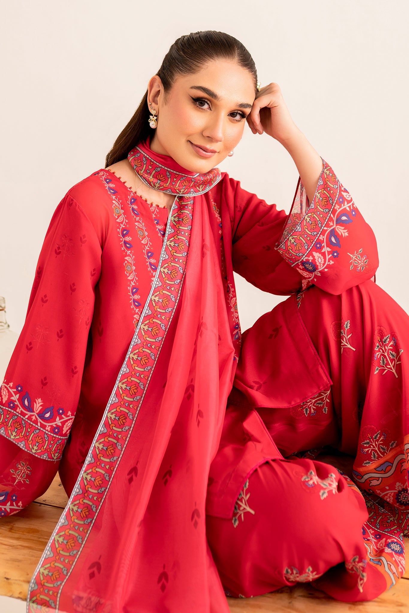 SHIRIN- 3 piece printed georgette in CERISE RED