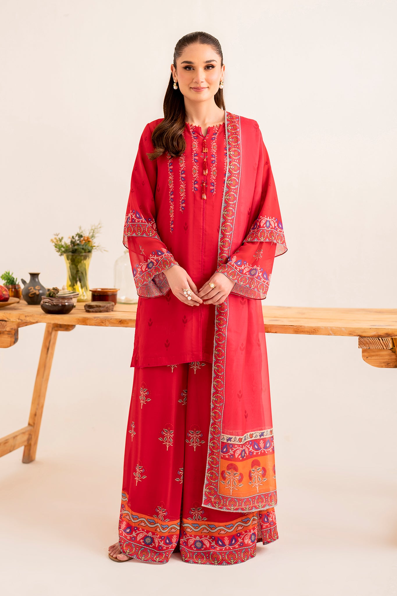 SHIRIN- 3 piece printed georgette in CERISE RED